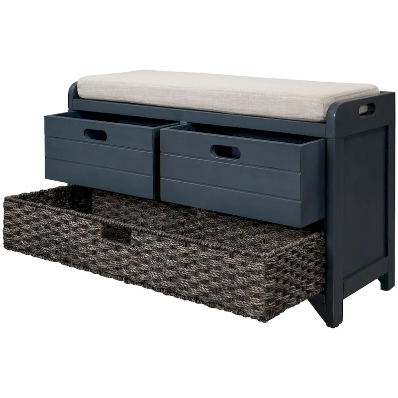 Storage Bench with Removable Basket and 2 Drawers, Fully Assembled Shoe Bench with Removable Cushion - 32 L x 11.8 W x 20 H
