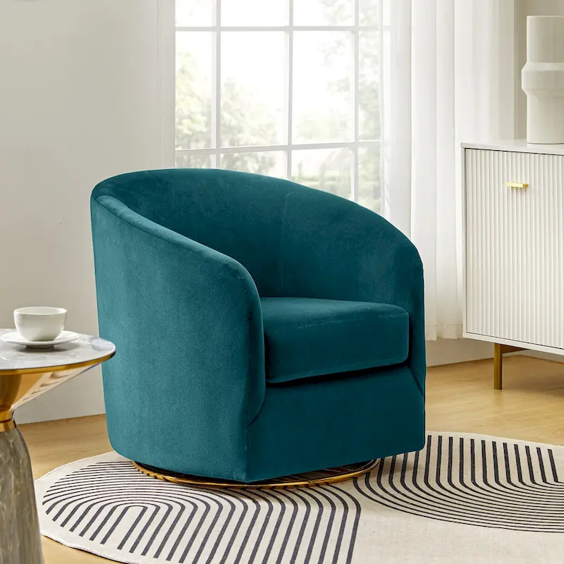 Modern Velvet Curved Swivel Accent Barrel Chair with Metal Base
