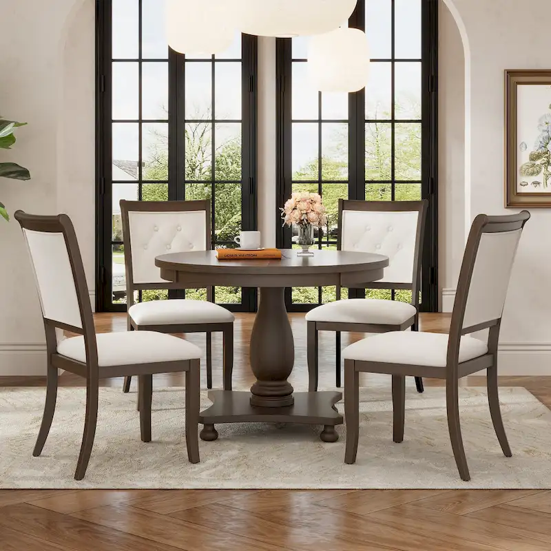 Retro Round Dining Table with 4 Upholstered Chairs