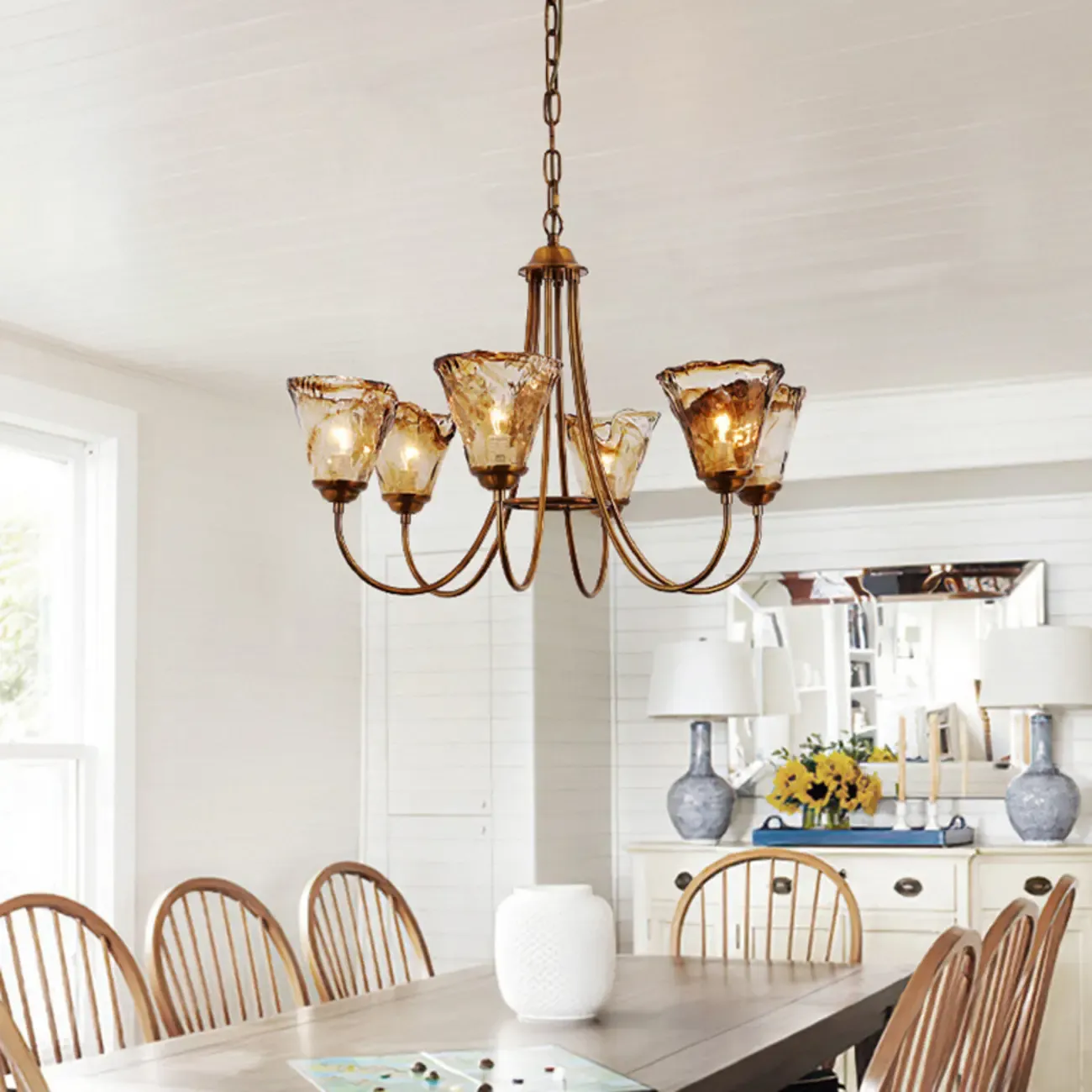 6 Lights Modern Amber Flower Glass Chandelier