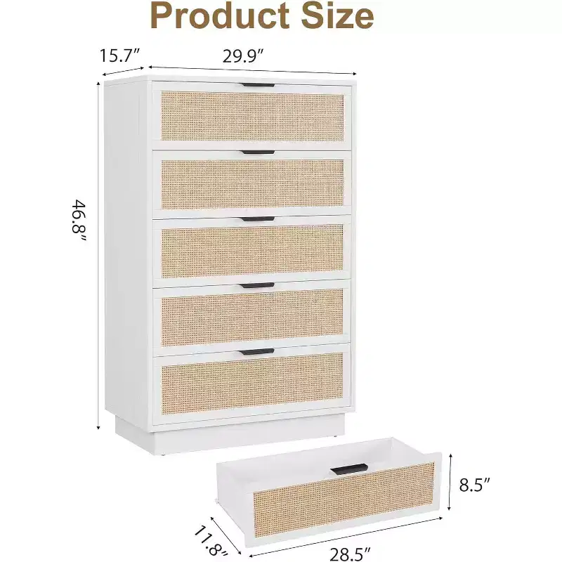 5 Drawer Rattan Dresser for Bedroom, Integrated Cabinet Body & Legs Design, Wooden Chest of Drawers for Hallways, Entryways and Closet, Easy Assembly