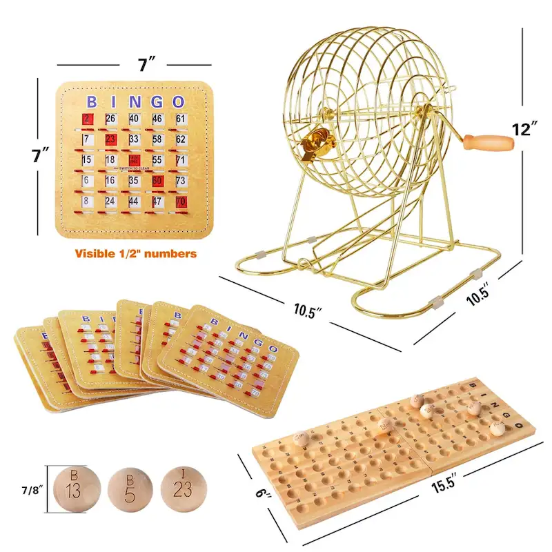 GSE Shutter Bingo Game Set for Large Groups. Large Brass Bingo Cage & Board, 7/8 Wooden Bingo Balls, 10 Shutter Bingo Cards