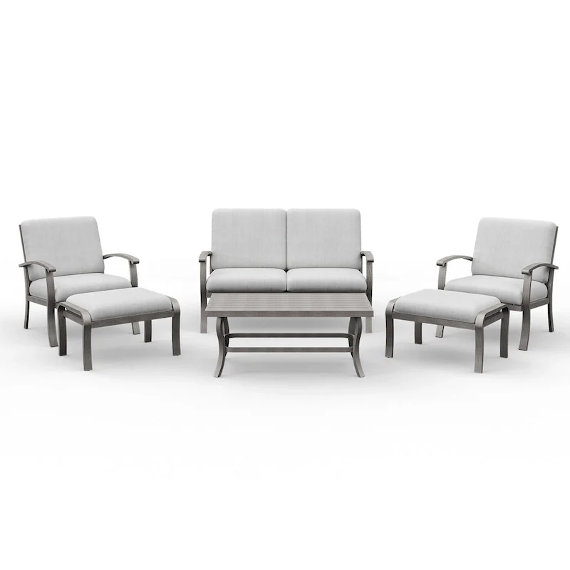 6-Piece Aluminum Patio Conversation Set with Coffee Table, Loveseat, Ottoman and Light Gray Cushions