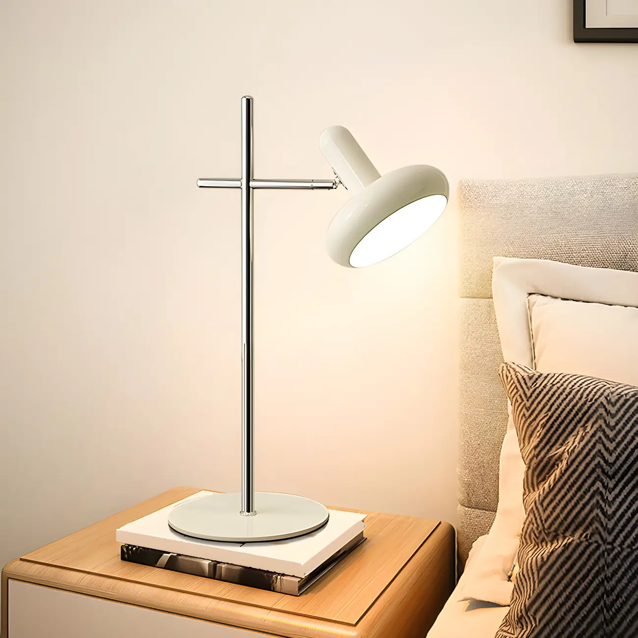 Minimalistic Geometric Off-White Metal Table Lamp for Bedroom
