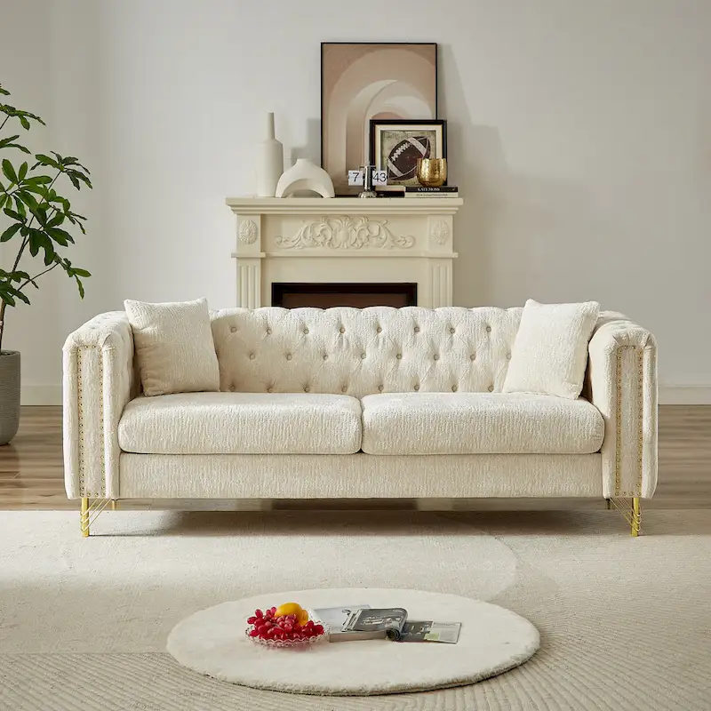 Chenille Tufted Upholstered 3-seater Sofa with Metal Legs