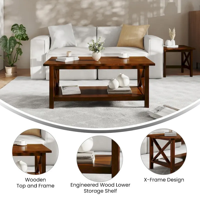 Farmhouse X-Frame Coffee Table with Shelf, Acacia Gray/Dark Gray/Walnut, Solid Wood