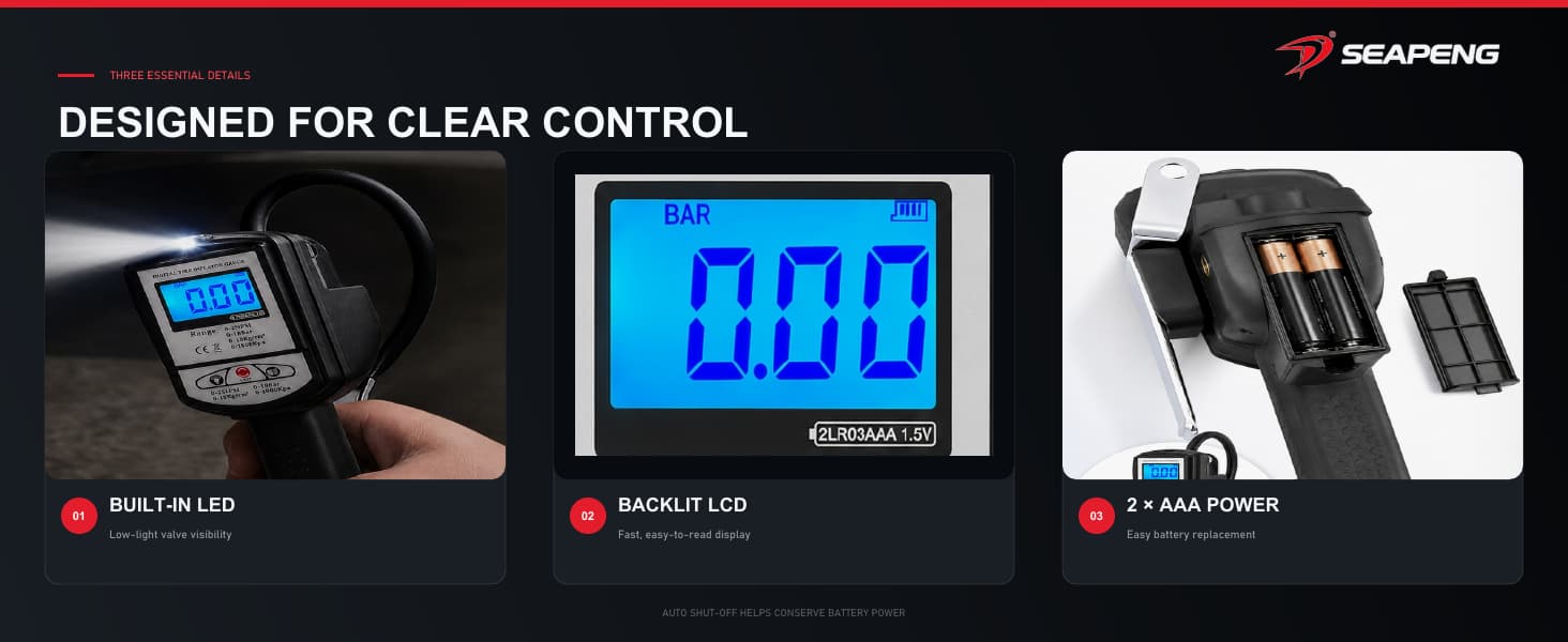 Handheld digital tire pressure inflator gauge with brass air chuck and hose
