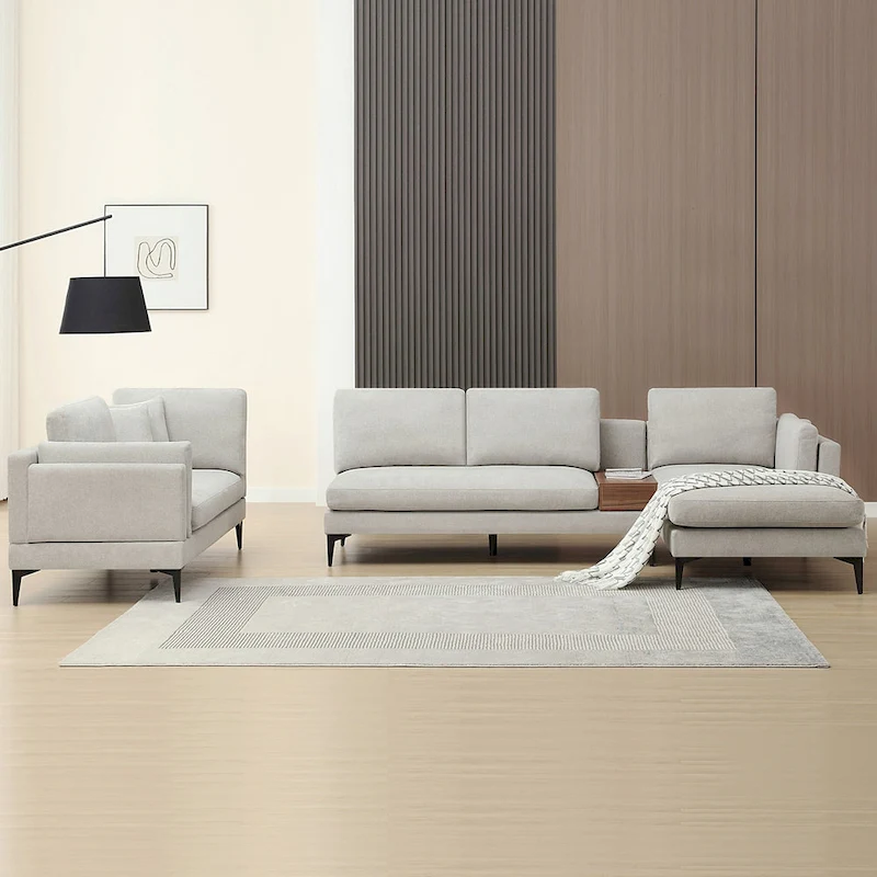 Modular U-shaped Linen Reversible Sofa with a Wooden Side Table Box and Reversible Design