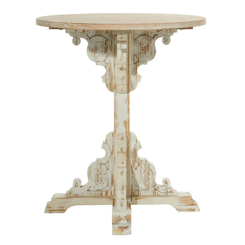 Wood Scroll Intricately Carved Accent End Table, Rustic Brown Gray Cream Side Table