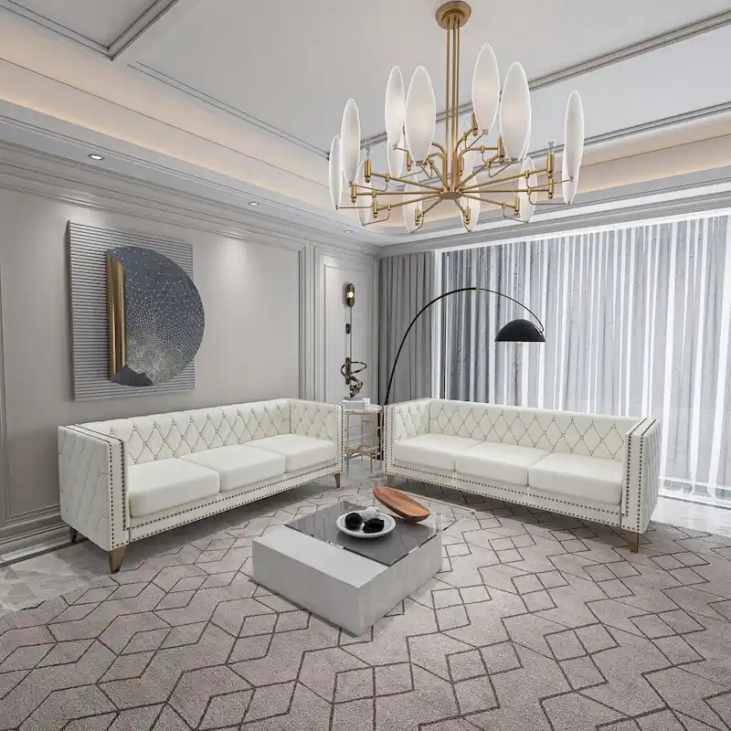 2-Pieces Velvet Upholstered 3 Seat Sofa, Classic Chesterfield Couch Buttons Tufted Square Arm Sofa with Nailheads and Metal Legs