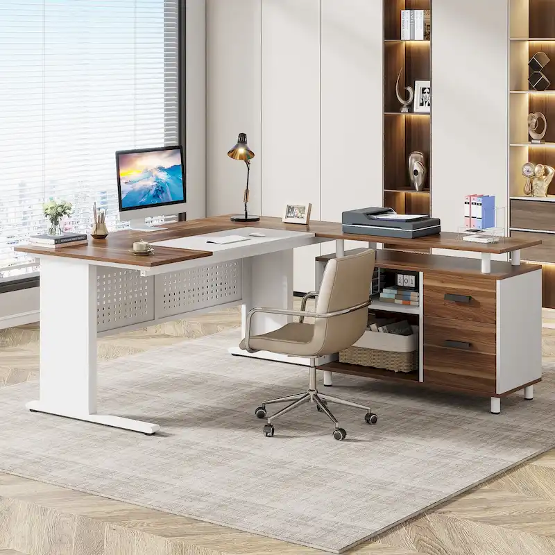 L Shaped Executive Desk, Large Computer Desk with File Cabinet