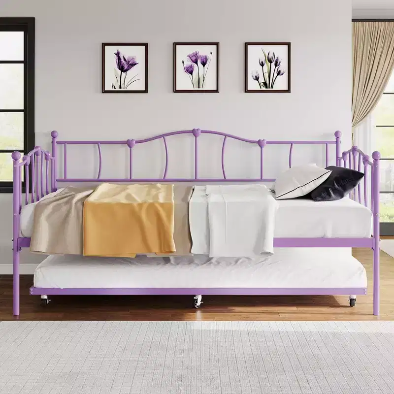 Metal Twin Daybed With Trundle Bed, Twin Size Day Bed With Pullout Trundle and Headboard, Metal Sofa Bed Frame With Steel Slat Support