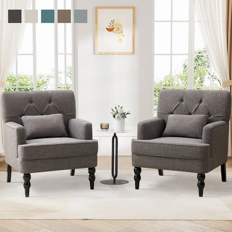 Set of 2 Arm Chair Upholstered Button Tufted Accent Chair with Lumbar Pillow Beige/ Grey/ Light Blue