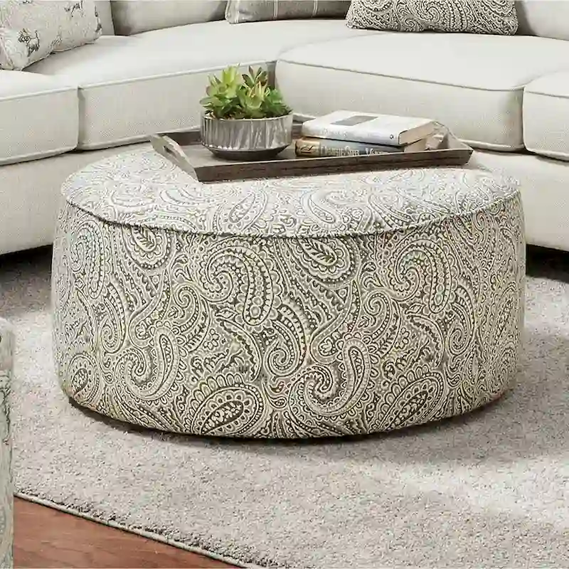 Restian Transitional Ivory Chenille Paisley Print Cocktail Ottoman by Furniture of America