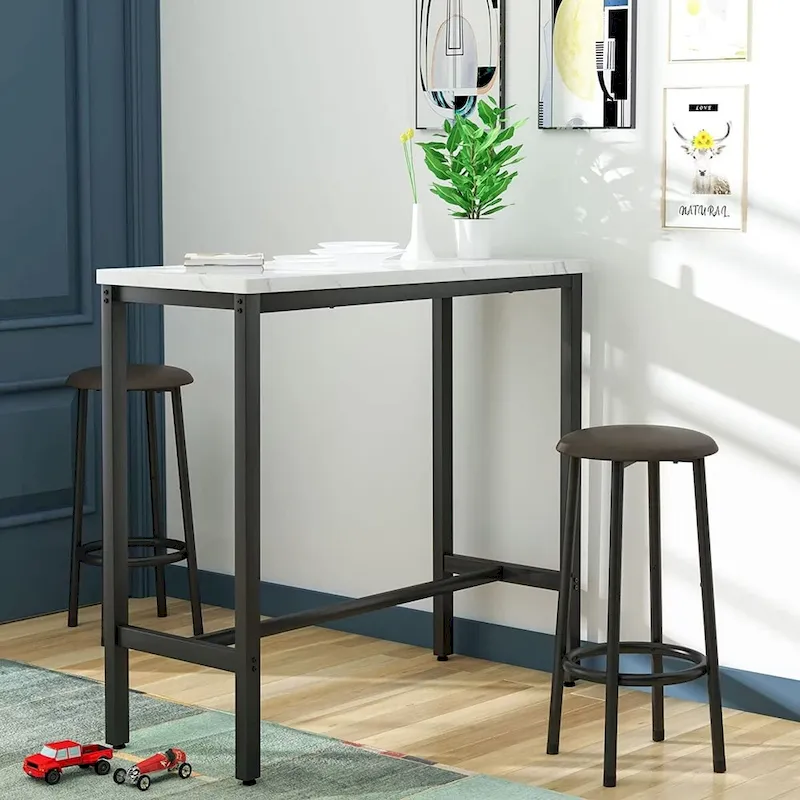 3 Piece Kitchen Pub Dining Set, Modern Faux Marble Counter Height Bistro Bar Table Set with 2 PU Leather Bar Stools