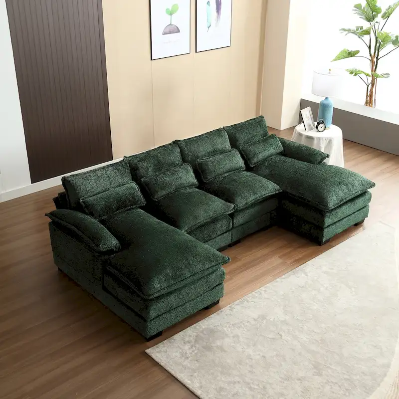 Chenille Upholstered U-Shaped Living Room Sectional Sofa With Wooden Legs