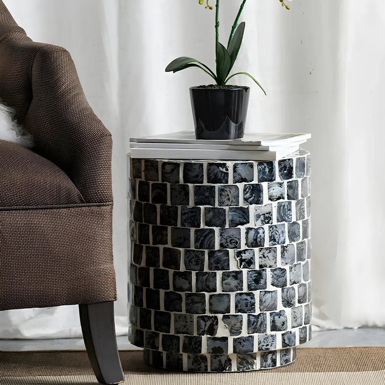 Tropical Mosaic Wooden Round Side Table