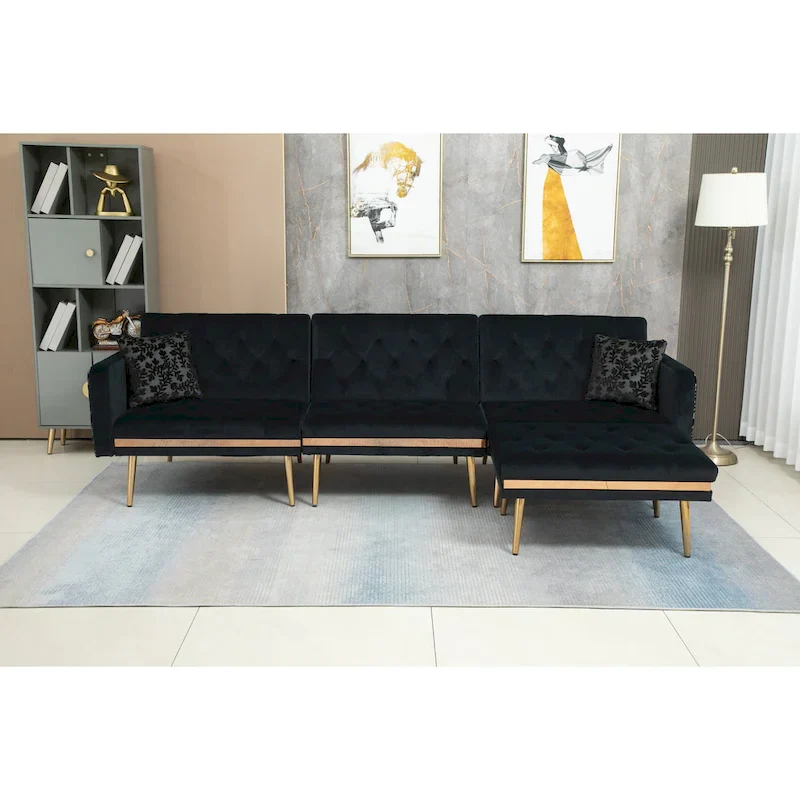 Polyester Upholstered Tufted Sleeper L-Shaped Sectional Sofa With Ottoman