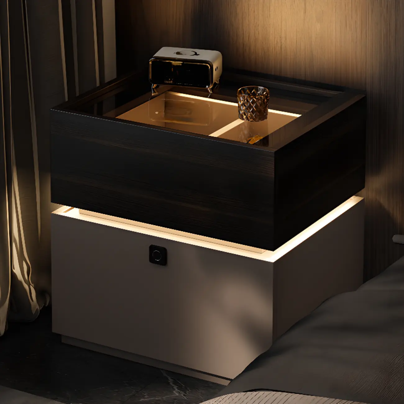 Narrow Black Glass Top 2-Drawer Wood Nightstand with Light