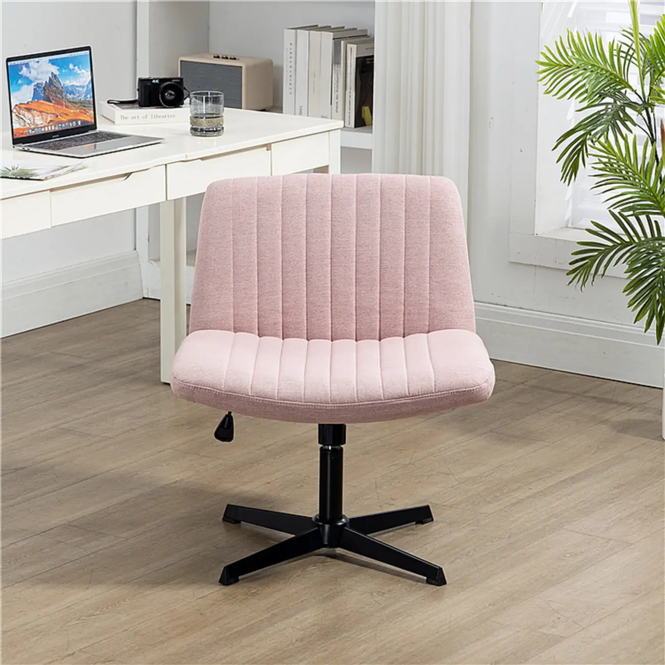 Low-Back White Upholstered Adjustable Swivel Office Chair