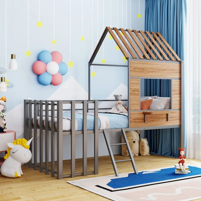 Silver Twin Metal Loft Bed with Roof, Window & Ladder