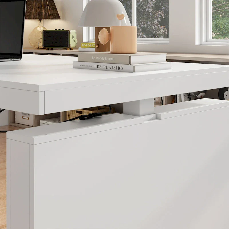 White Electric Height-Adjustable Desk with Side Storage Cabinet – Single User