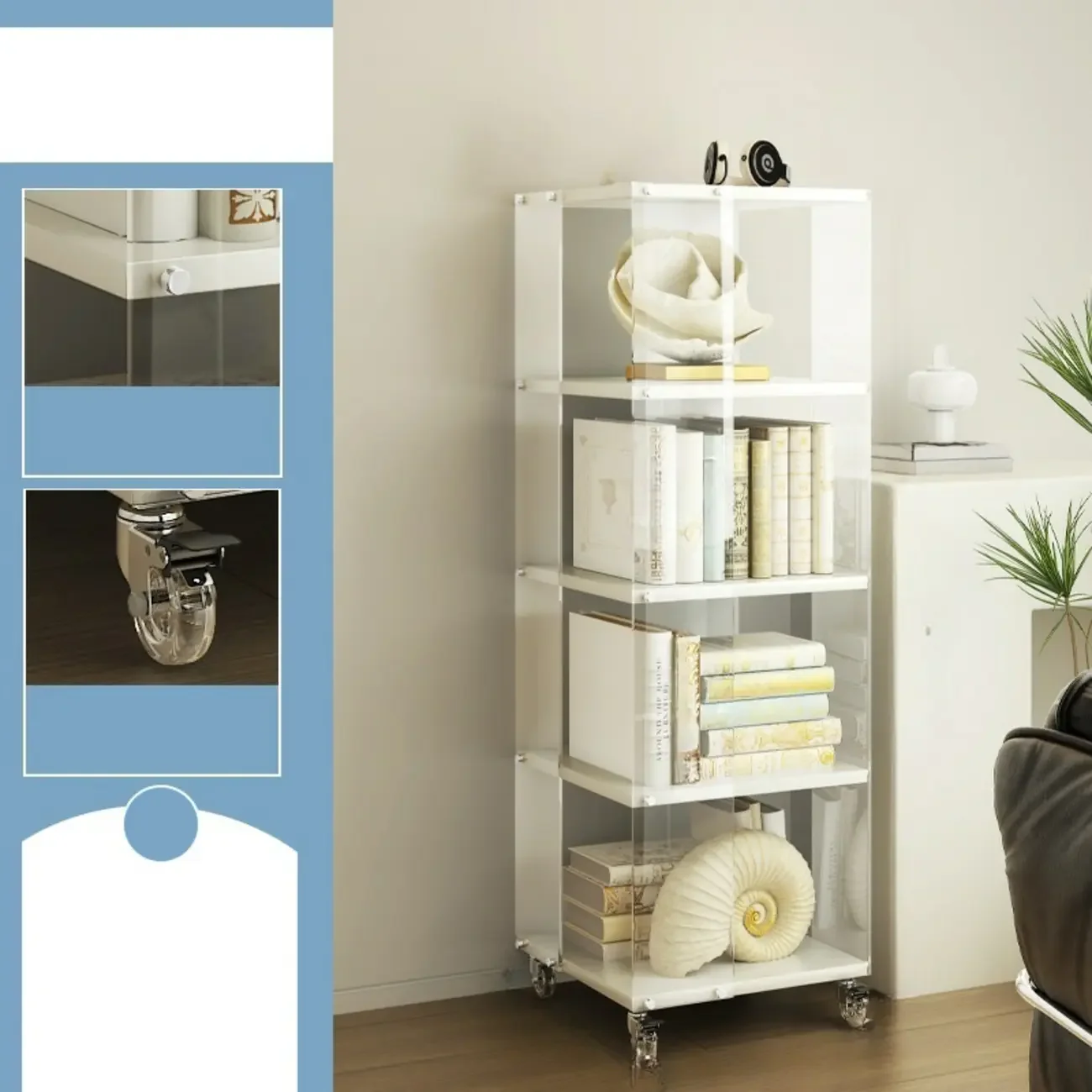 Acrylic 4-Tier Narrow Open Back Bookcase with Wheels