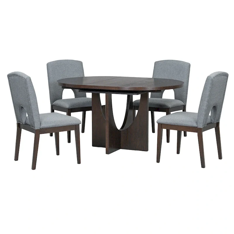 5-Piece Round Extendable Dining Table Set with Upholstered Chairs