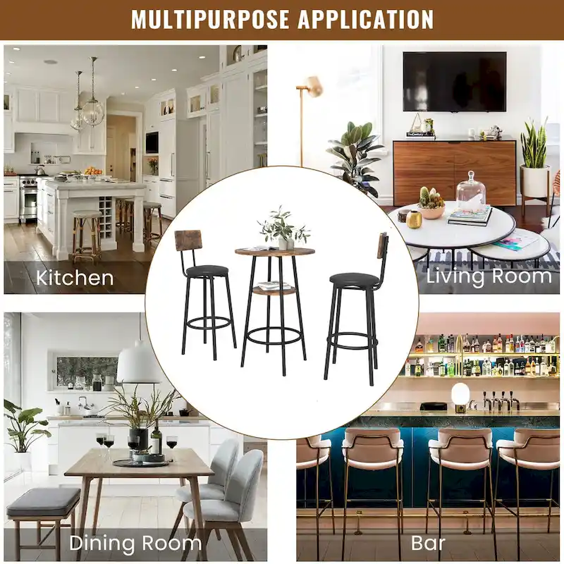 3 Pcs Dining Set, 2-Tier Round Bistro Bar Table & Upholstered Chair