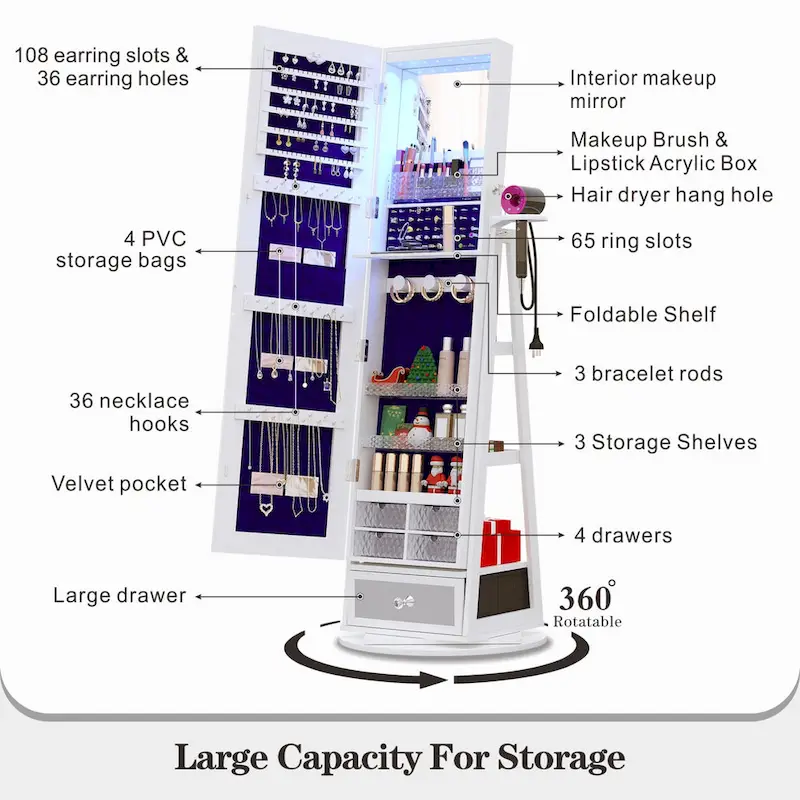 Swivel LED Jewelry Armoire with Lights - N/A