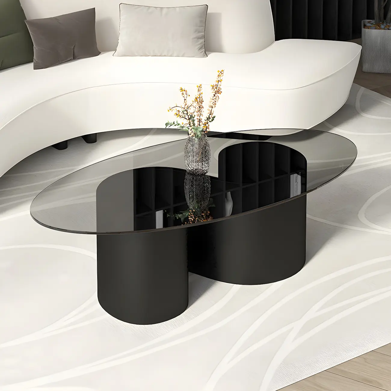 Modern Oval Glass Top Metal Base Coffee Table