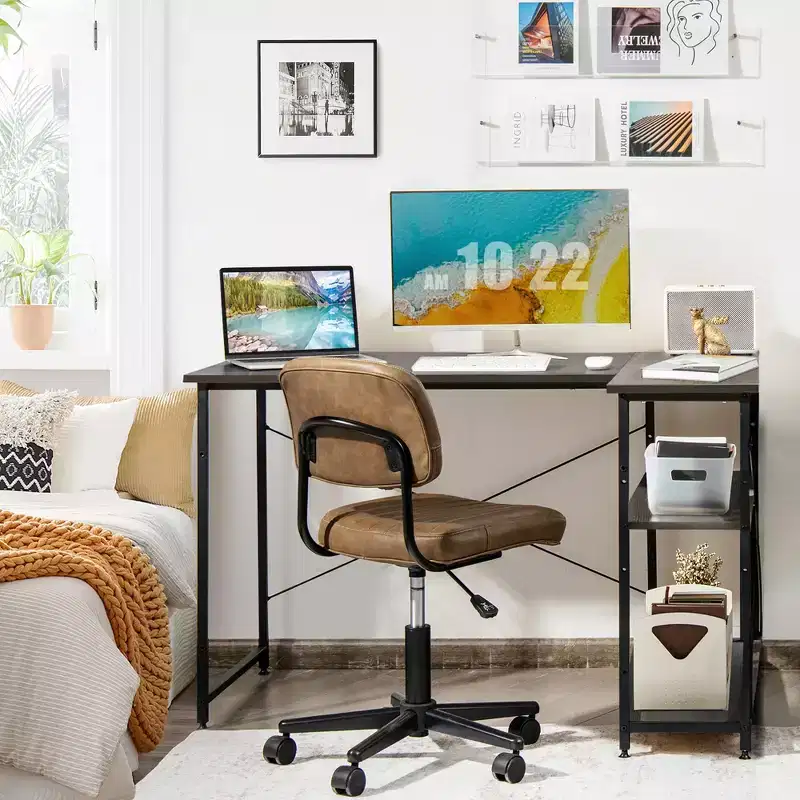 48'' Reversible L Shaped Computer Desk Home Office Table Adjustable Shelf Brown\Gray\Natural