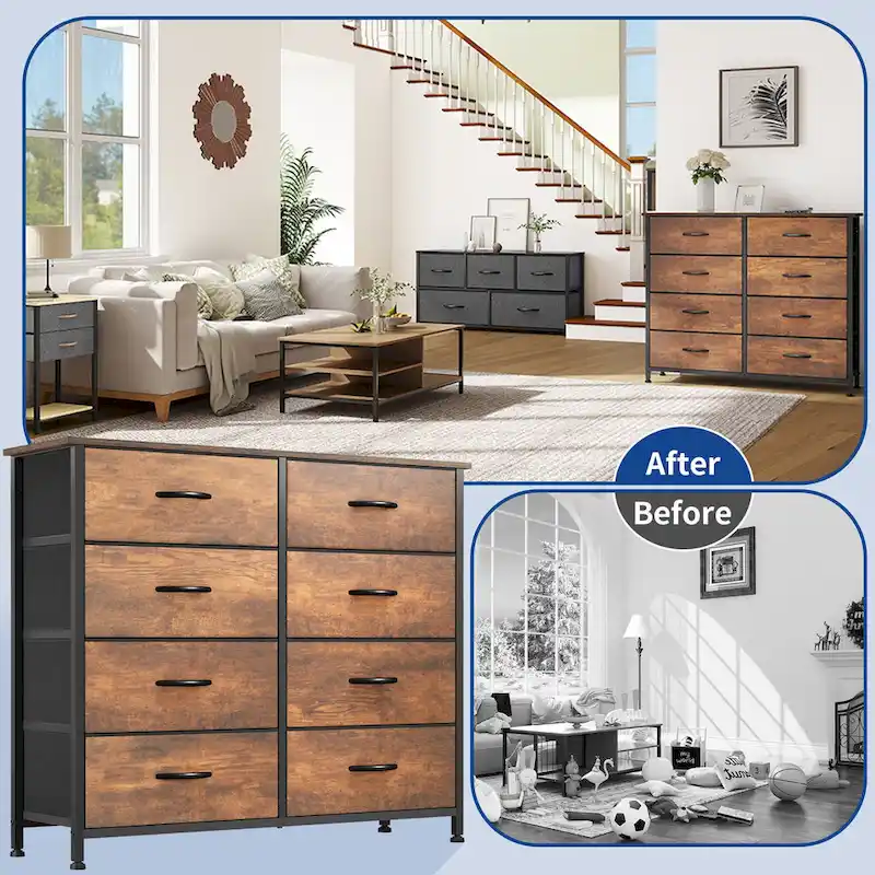 Moasis Rustic Wood-grain Badroom Dresser with Metal Frame, Wooden Top