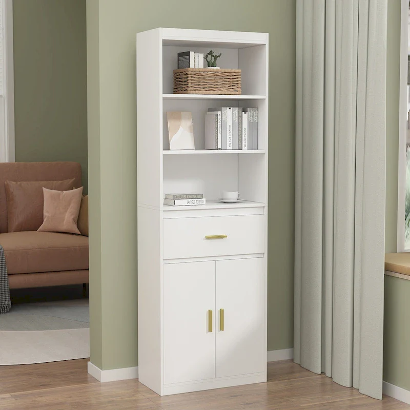 White Tall Linen Cabinet with 2 Doors, 1 Drawer & 2 Open Shelves
