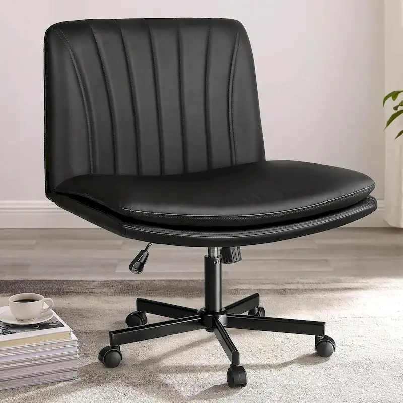 Bossin Criss Cross Chair with Wheels,PU Leather Armless Cross Legged Office chair, Adjustable Wide Seat Task Vanity Chair