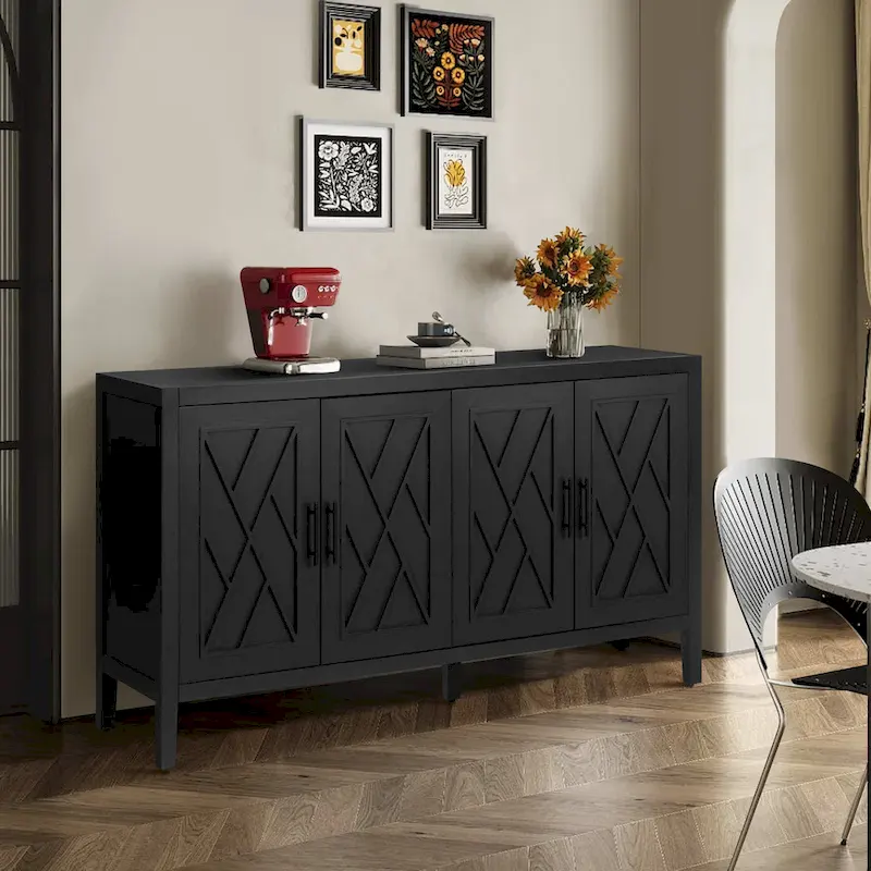 Wood Sideboard Cabinet with Pattern Door, Buffet Cabinet with Adjustable Shelves, Console Table with Solid Wood Legs