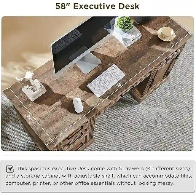 58  Large Computer Desk with Drawers, Embossed Texture Office Desk