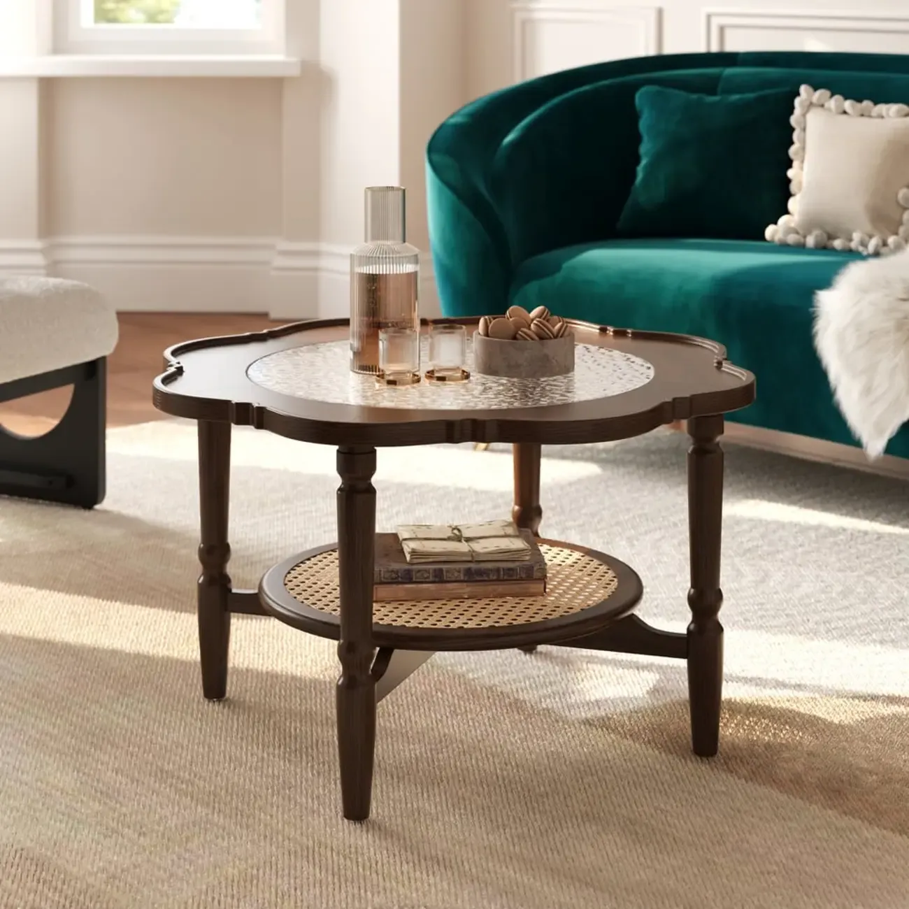 Classic 2-Layer Walnut Finish Wood Coffee Table in Glass Top