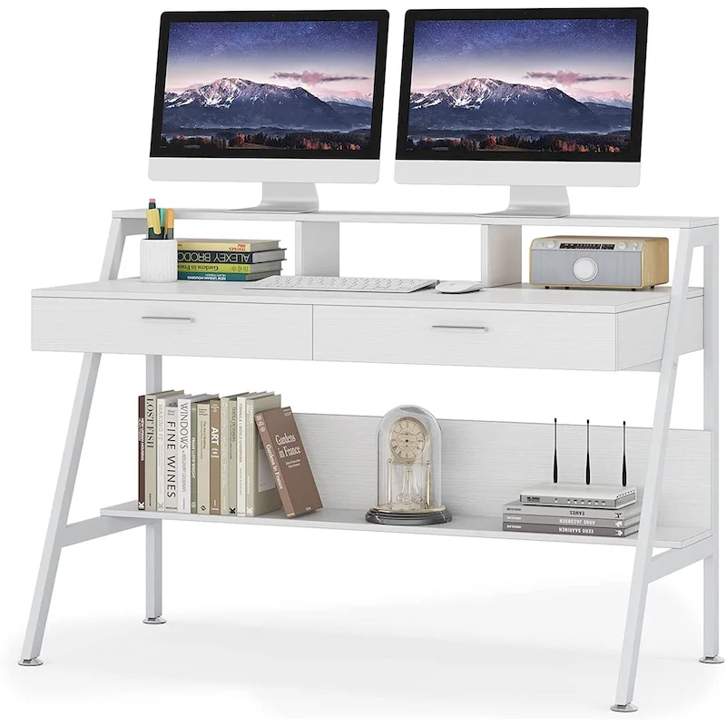 Computer Writing Desk with 2 Drawers and Storage Shelf, Monitor Stand