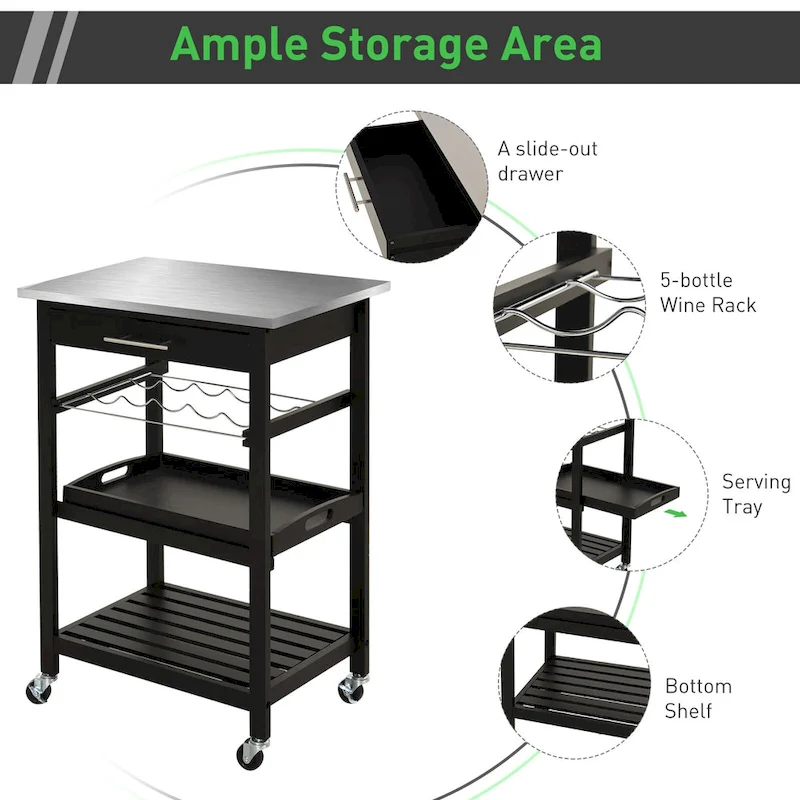 Kitchen island Cart Rolling Trolley Utility Serving Cart with Stainless Steel Tabletop, Wine Rack & Drawer