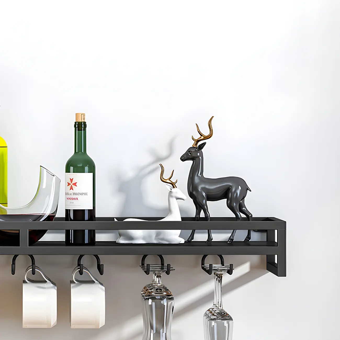 Floating Mount Metal Wine Glasses and Bottle Rack with Hook