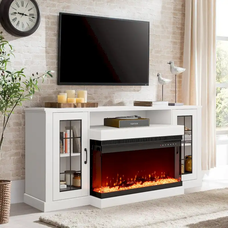 Erommy Adjustable Glass Shelves Entertainment Center with Electric Fireplace in Fireplace TV Stand