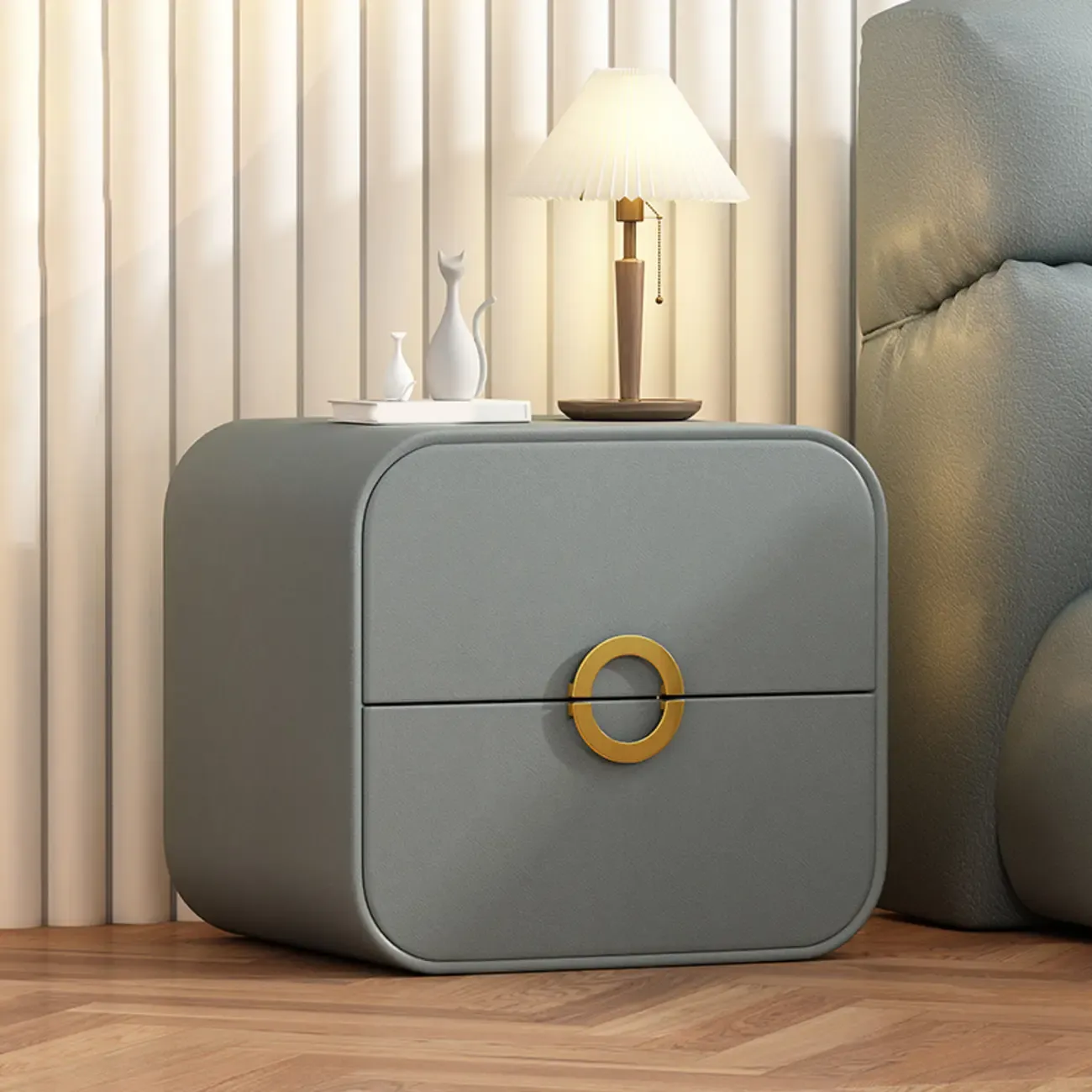 Modern Faux Leather Gold Ring Handle Nightstand with 2 Drawers