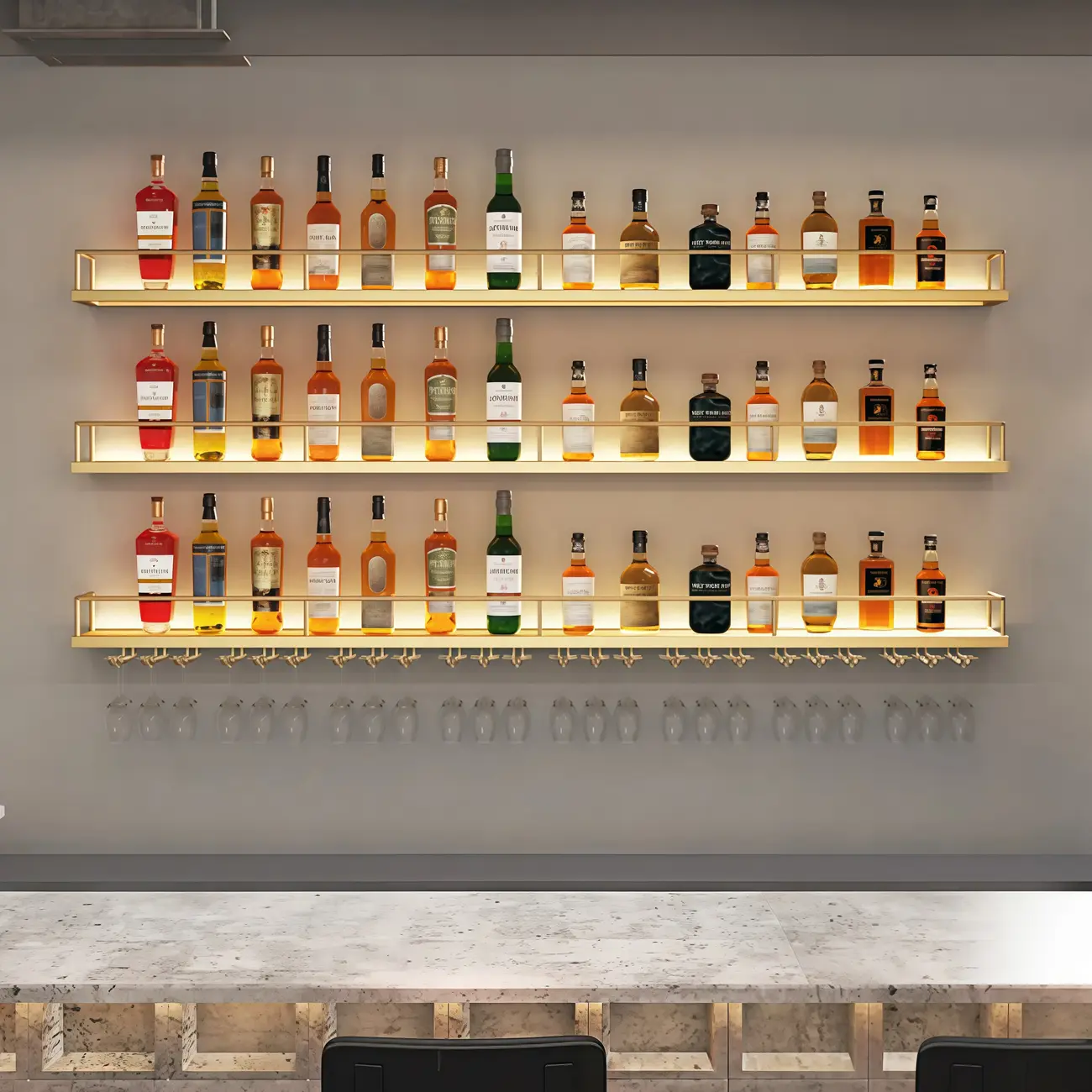 Wall-Mounted LED light Metal Open Wine Rack with Hook and Shelf