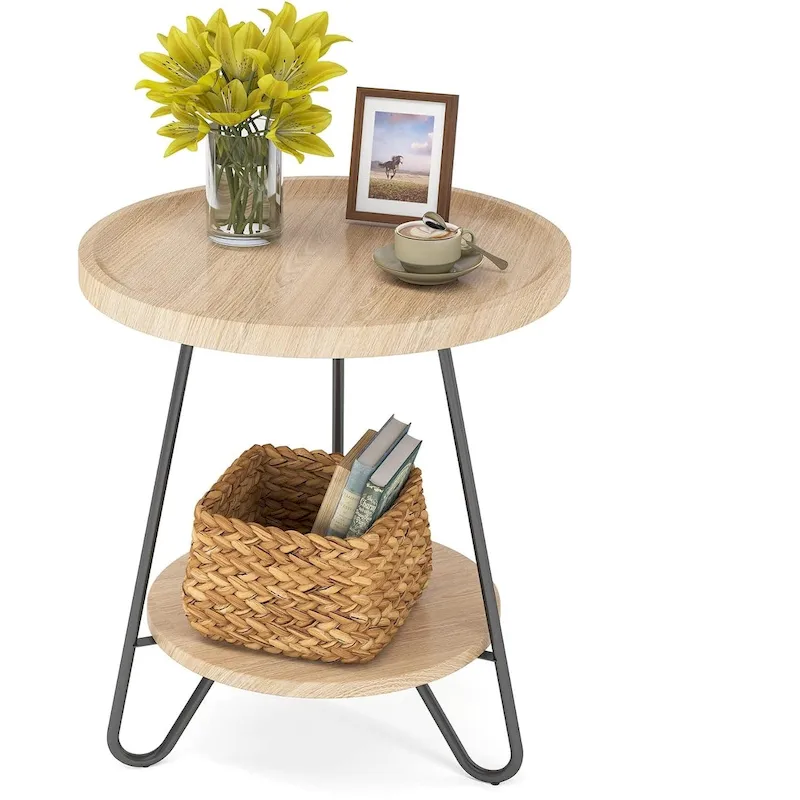 Round Side Table, Wooden End Table, 2-Tier Sofa Side Table with Metal Legs