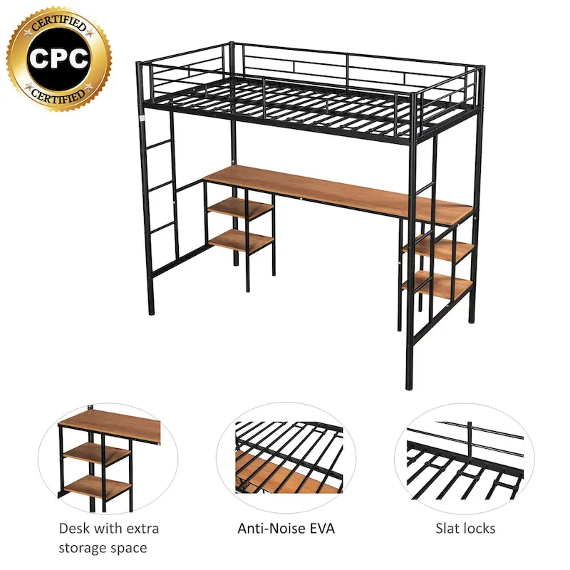 Twin Metal Loft Bed with Table & Shelves