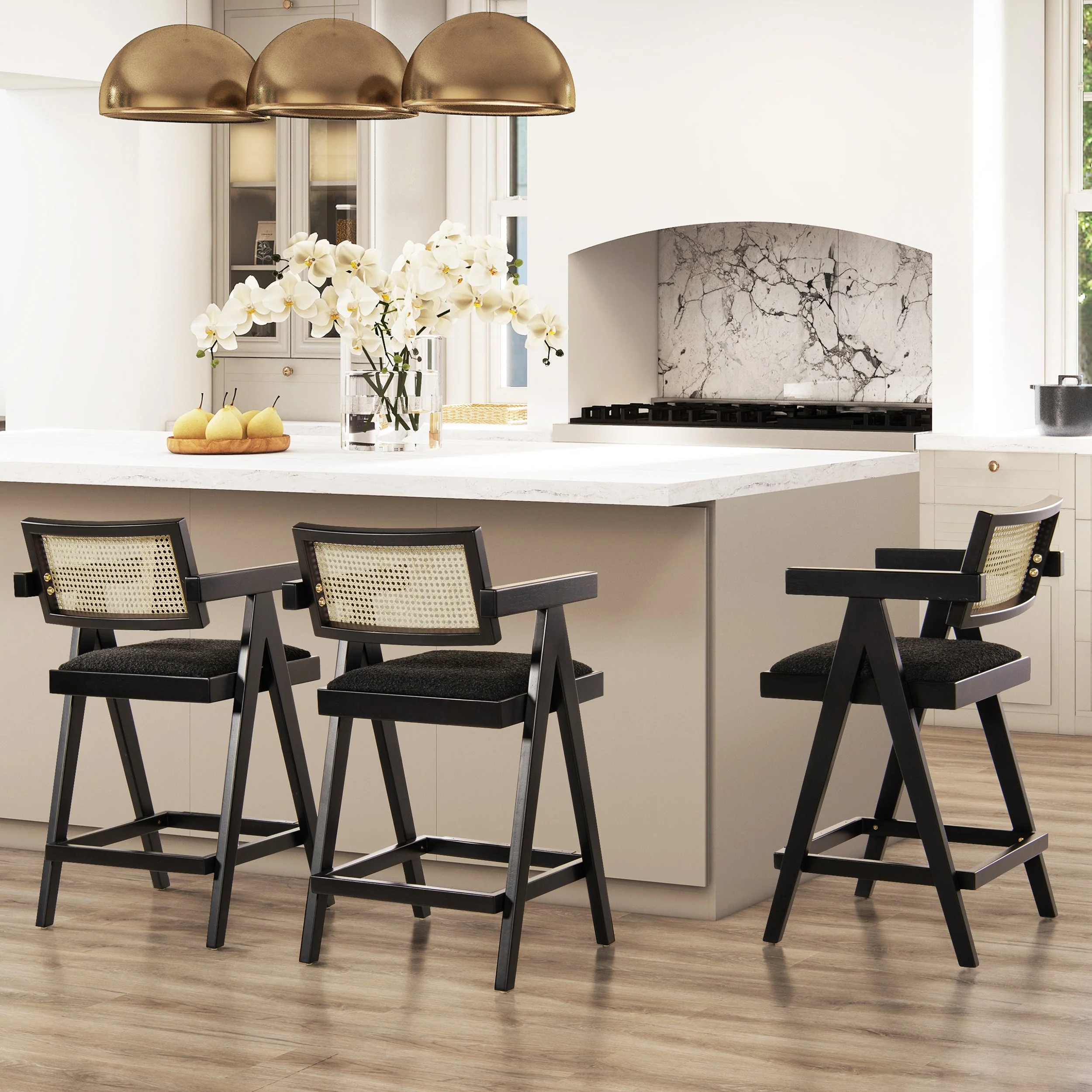 Milan 25.5' Modern Resin Webbing Back Boucle Bar Stool with Arms, Set of 3