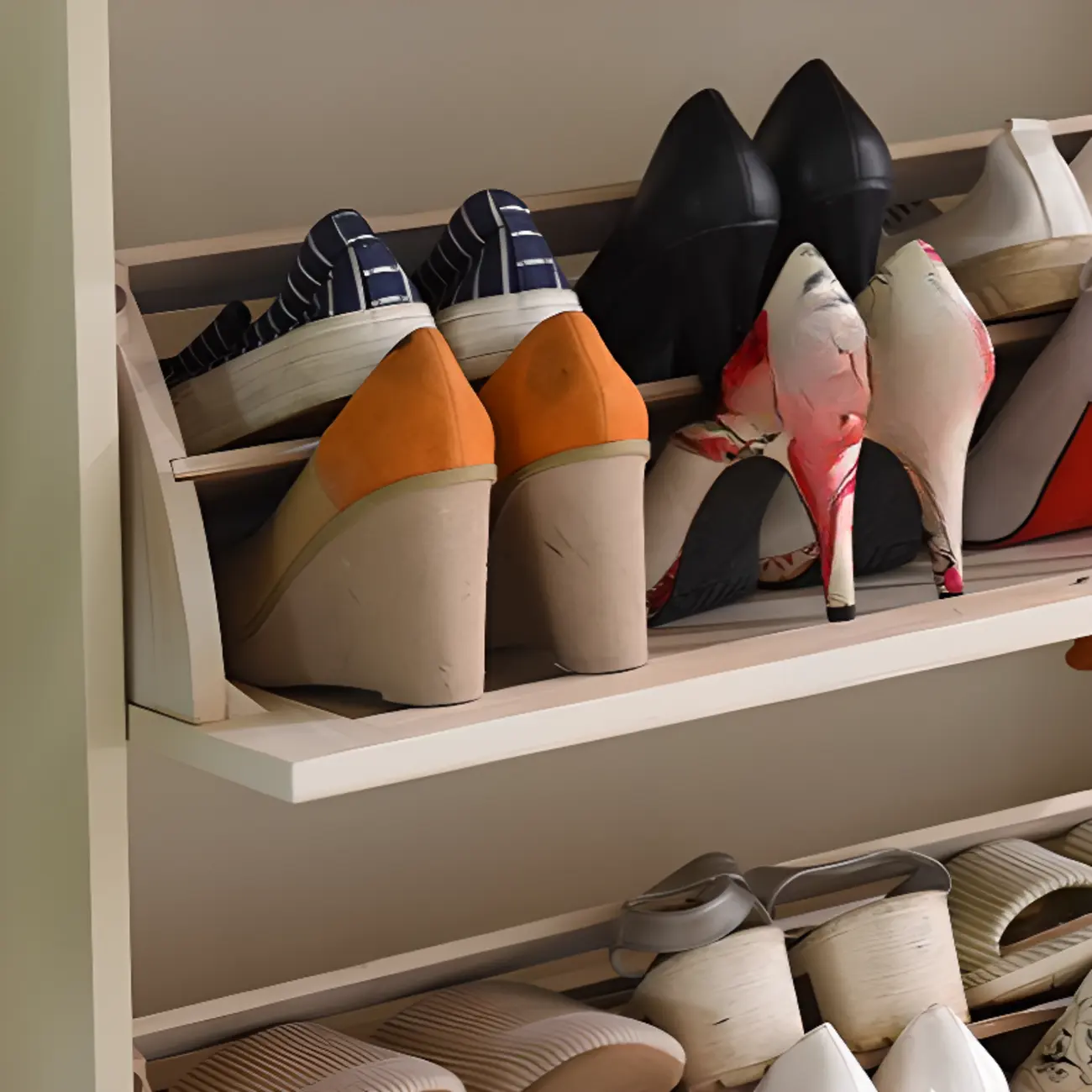 Entryway White/Tawny Wooden Wall-Mounted Shoe Cabinet