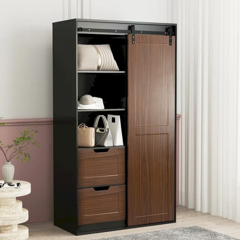 Sliding Barn Door Wardrobe - Black & Brown, 71H, Hanging Rod, Drawers, Floor-to-Ceiling Design