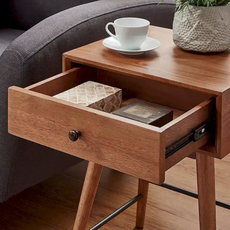Mid-Century Modern Wood End Table with 1 Drawer, Compact Nightstand Side Table
